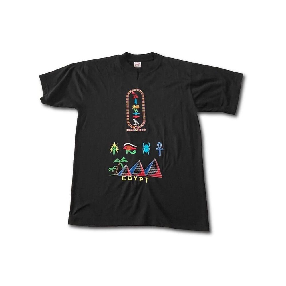 Vintage Carla Craft Egypt T-Shirt XL Black Embroidered Pyramids Distressed